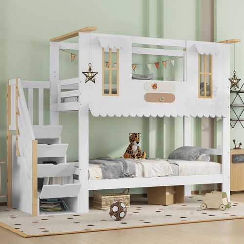 Lit Superposé 90x200 Cm Avec Escalier De Rangement Blanc Et Naturel