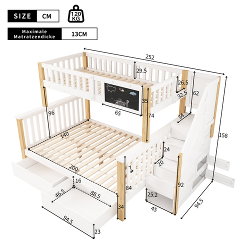 Lit Superposé 90x200 Cm Avec Structure En Bois Massif Blanc Et Chêne Clair
