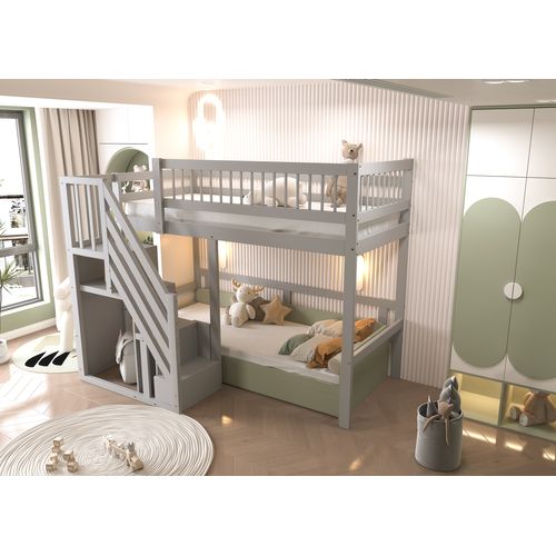 Lit Simple 90x200 Cm Avec Escalier De Rangement Gris