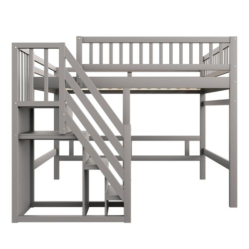 Lit Mezzanine 140x200 Cm Avec Escalier De Rangement Gris