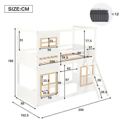 Lit Superposé 90x200 Cm Avec Structure En Pin Et Mdf Blanc Et Naturel