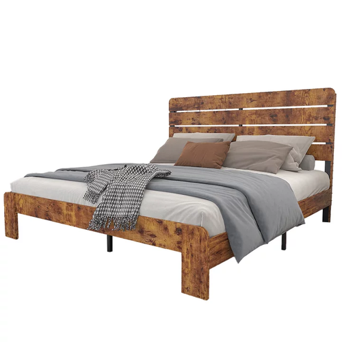 Lit Double 140x200 Cm Avec Sommier à Lattes En Métal Marron