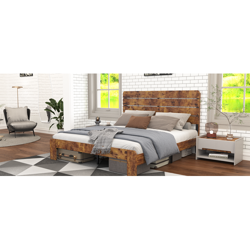 Lit Double 140x200 Cm Avec Sommier à Lattes En Métal Marron