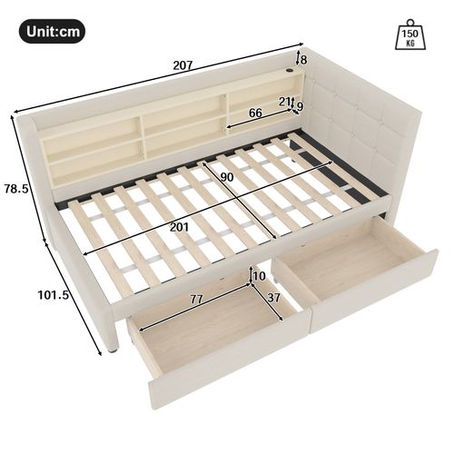 Lit Simple 90x200 Cm Avec 2 Tiroirs Intégrés Tête De Lit à Ports USB/type-c