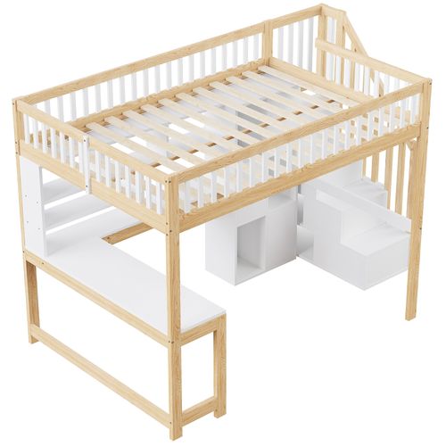 Lit Mezzanine 140x200 Cm Avec Structure Bois Et Mdf Blanc Et Naturel