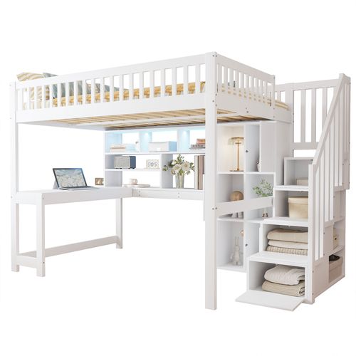 Lit Mezzanine 140x200 Cm Avec Structure En Pin Et Mdf Blanc