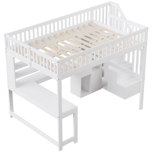 Lit Mezzanine 140x200 Cm Avec Structure En Pin Et Mdf Blanc