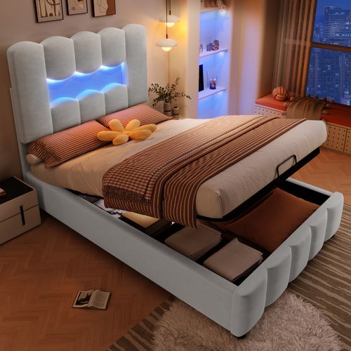 Lit Coffre 90x200 Cm Avec Rangement Hydraulique En Velours Gris