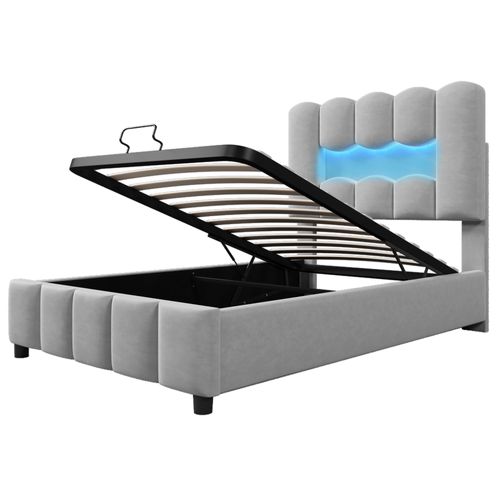 Lit Coffre 90x200 Cm Avec Rangement Hydraulique En Velours Gris