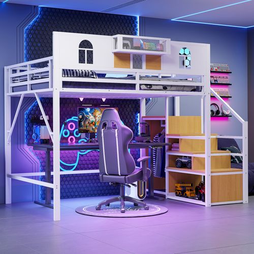 Lit Mezzanine 140x200 Cm Avec Structure En Métal Blanc