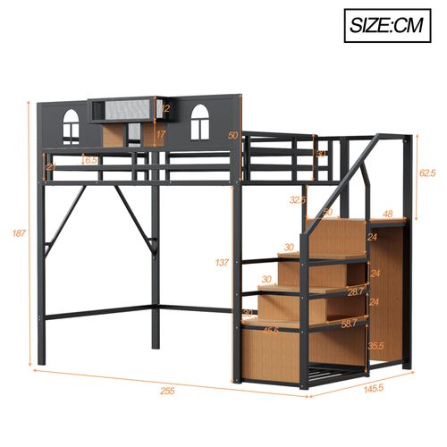 Lit Mezzanine 140x200 Cm Avec Structure En Métal Noir