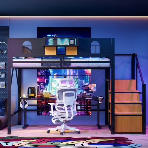 Lit Mezzanine 140x200 Cm Avec Structure En Métal Noir