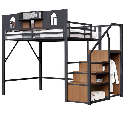 Lit Mezzanine 140x200 Cm Avec Structure En Métal Noir