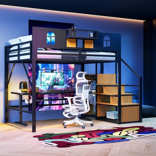 Lit Mezzanine 140x200 Cm Avec Structure En Métal Noir