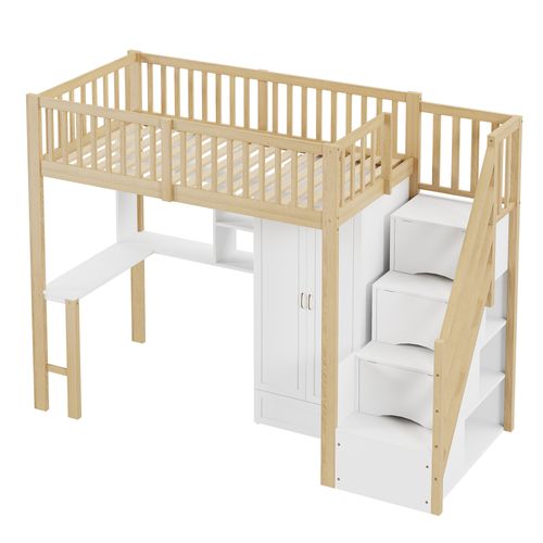 Lit Mezzanine 90x200 Cm Avec Escalier De Rangement Table Et Armoire Blanc Et Bois