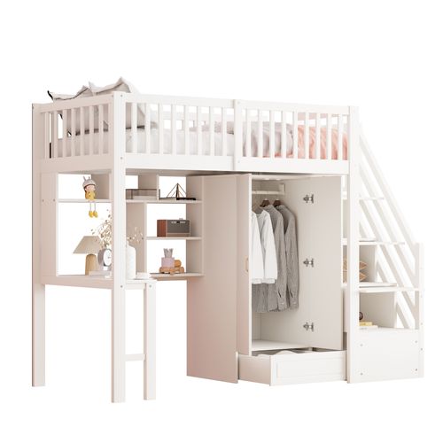 Lit Mezzanine 90x200 Cm Avec Escalier De Rangement Blanc