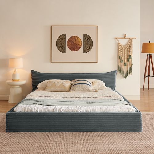 Lit Double 160x200 Cm Avec Structure Bois D’eucalyptus Et Cadre En Fer Tissu Gris Foncé