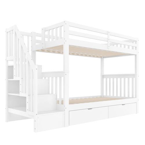 Lit Superposé 90x200 Cm Avec Escalier De Rangement Blanc