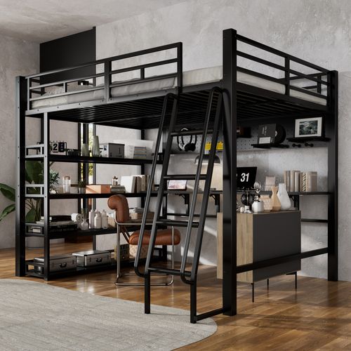 Lit Mezzanine 140x200 Cm Avec Structure En Métal Et Bois Noir