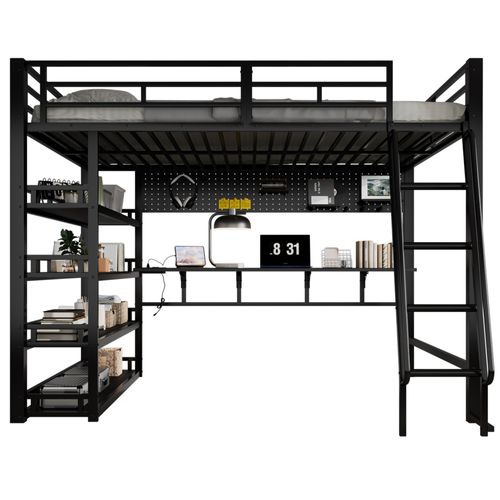 Lit Mezzanine 140x200 Cm Avec Structure En Métal Et Bois Noir