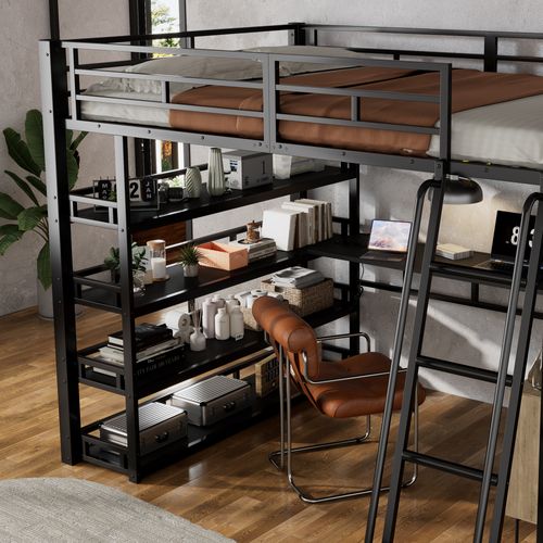 Lit Mezzanine 140x200 Cm Avec Structure En Métal Et Bois Noir