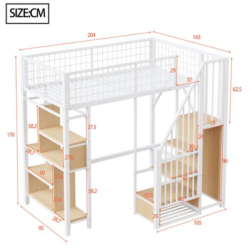 Lit Mezzanine 90x200 Cm Avec Structure Métal Et Bois Blanc