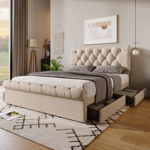 Lit Coffre 140x200 Cm Avec 4 Tiroirs De Rangement Tissu Naturel