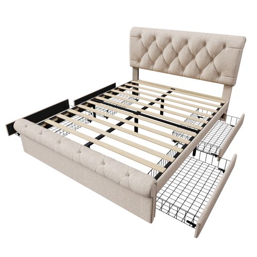 Lit Coffre 140x200 Cm Avec 4 Tiroirs De Rangement Tissu Naturel