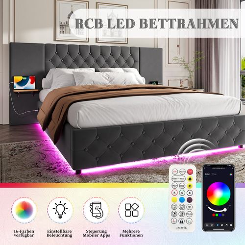 Lit Coffre 140x200 Cm Avec Sommier Relevable Hydraulique Tissu Velours Gris