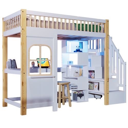 Lit Mezzanine 90x200 Cm Avec Structure Avec Bureau Intégré Blanc Et Naturel