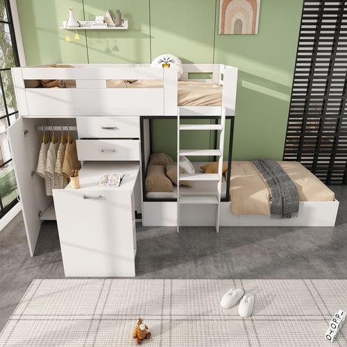 Lit Superposé 90x200 Cm Avec Bureau Coulissant Et Armoire Blanc Et Noir