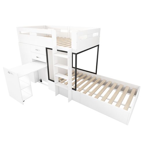 Lit Superposé 90x200 Cm Avec Bureau Coulissant Et Armoire Blanc Et Noir