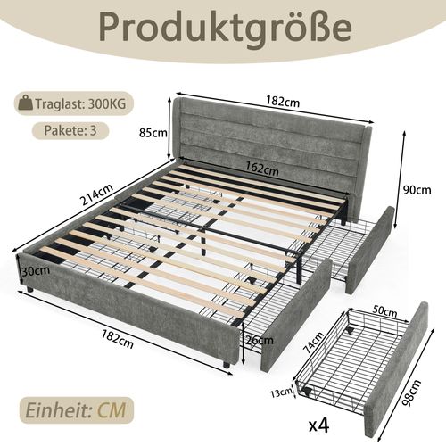 Lit Double 160x200 Cm Avec 4 Tiroirs En Acier Tissu Chenille Gris Foncé