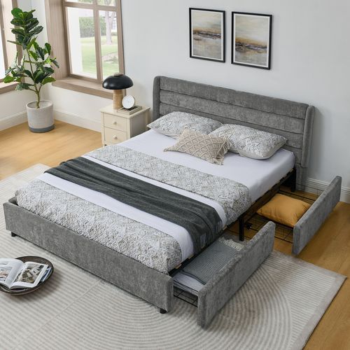 Lit Double 160x200 Cm Avec 4 Tiroirs En Acier Tissu Chenille Gris Foncé
