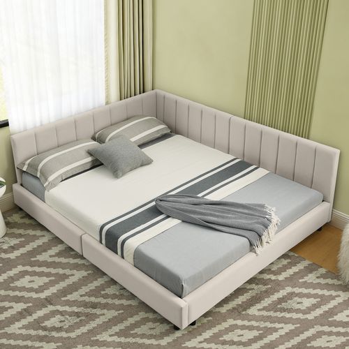 Lit Double 140x200 Cm Avec Structure En Bois D’eucalyptus Et Cadre En Fer Beige