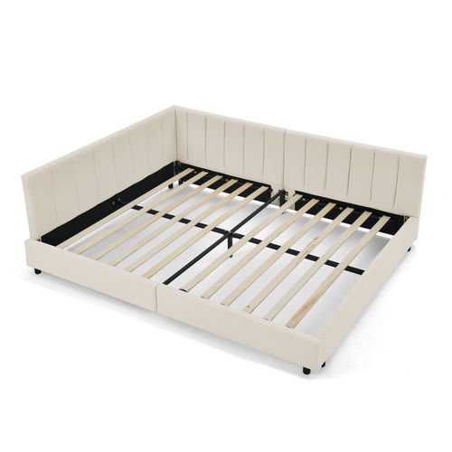 Lit Double 140x200 Cm Avec Structure En Bois D’eucalyptus Et Cadre En Fer Beige