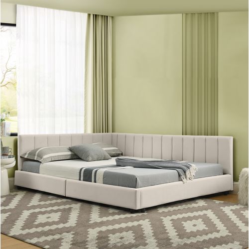 Lit Double 140x200 Cm Avec Structure En Bois D’eucalyptus Et Cadre En Fer Beige