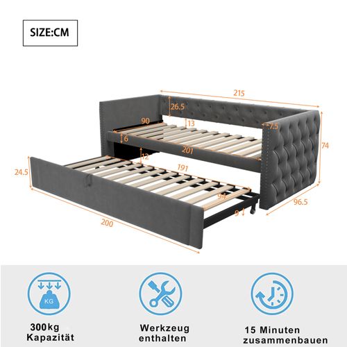 lit gigogne 90x200 Cm Avec Sommier à Lattes Tissu Velours Gris