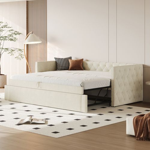 lit gigogne 90x200 Cm Avec Sommier à Lattes Beige