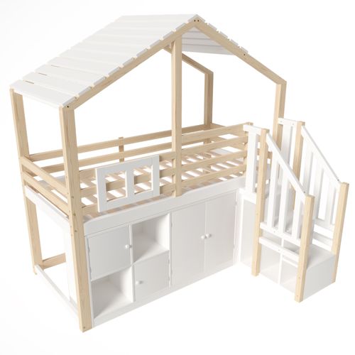 Lit Mezzanine 90x200 Cm Avec Structure Avec Rangements Intégré Blanc Et Naturel