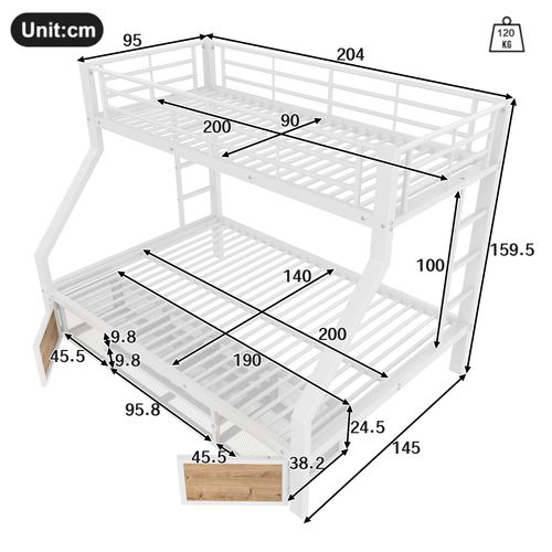 Lit Superposé 90x200 Et 140x200 Cm Avec Structure Métal Et Mdf Blanc