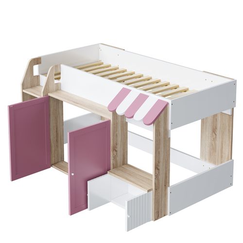 Lit Mezzanine 90x200 Cm Avec Structure En Bois Rose Et Blanc
