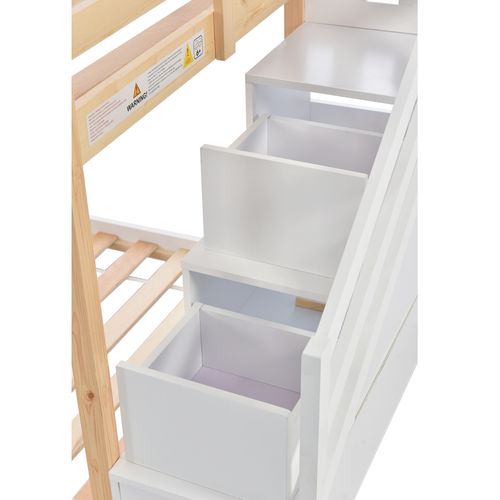 Lit Superposé 90x200 Cm Avec Structure Avec Rangements Naturel Et Blanc