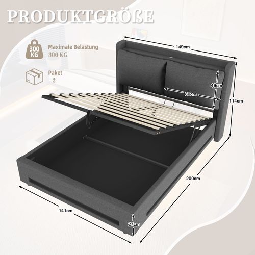 Lit Coffre 140x190 Cm Avec Sommier Relevable Tête De Lit Avec Tablette, Tissu Lin Gris Foncé