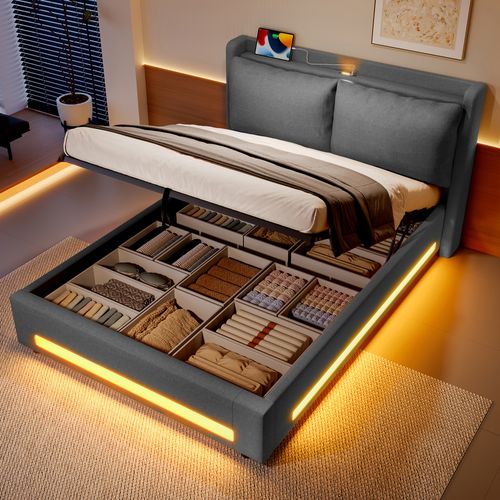 Lit Coffre 140x190 Cm Avec Sommier Relevable Tête De Lit Avec Tablette, Tissu Lin Gris Foncé