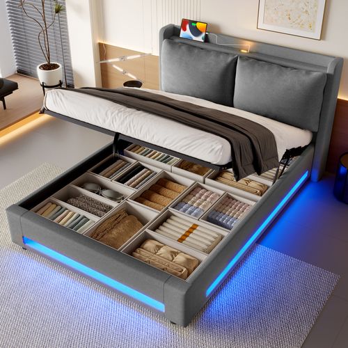 Lit Coffre 140x190 Cm Avec Sommier Relevable Tête De Lit Avec Tablette, Tissu Lin Gris Foncé