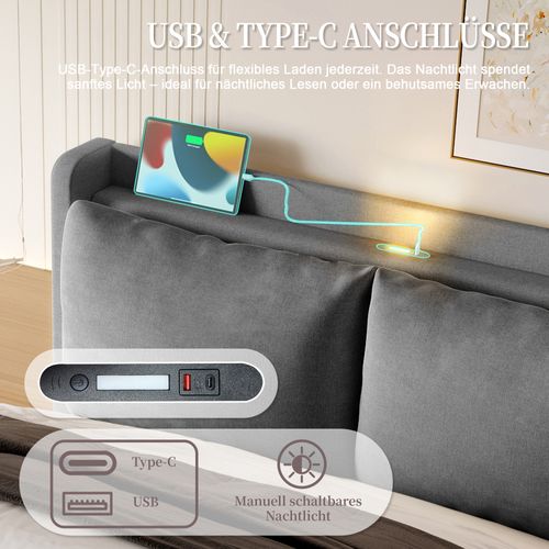 Lit Coffre 140x190 Cm Avec Sommier Relevable Tête De Lit Avec Tablette, Tissu Lin Gris Foncé