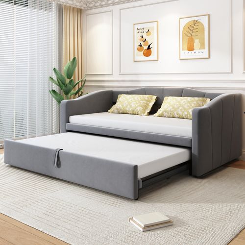 lit gigogne 90x200 Cm Avec Cadre Gigogne Extensible En 180x200 Cm Velours Gris