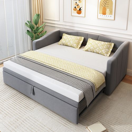 lit gigogne 90x200 Cm Avec Cadre Gigogne Extensible En 180x200 Cm Velours Gris