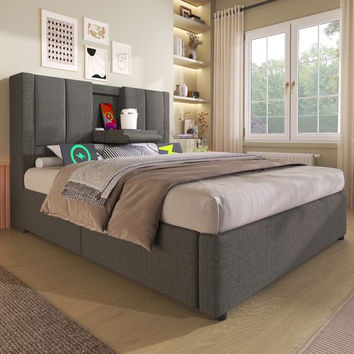 Lit Coffre 90x200 Cm Avec Structure Hydraulique Tissu Gris